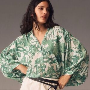 Anthropologie Pilcro The Sidney Batwing Blouse floral top shirt green white 1X